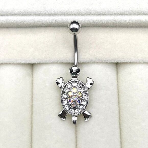 316L Stainless Steel with AB and Diamond Cubic Zirconia Sea Turtle Belly Ring - Picture 2 of 7